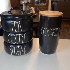Rae Dunn cookies canister and three tiered coffee, tea, sugar canister